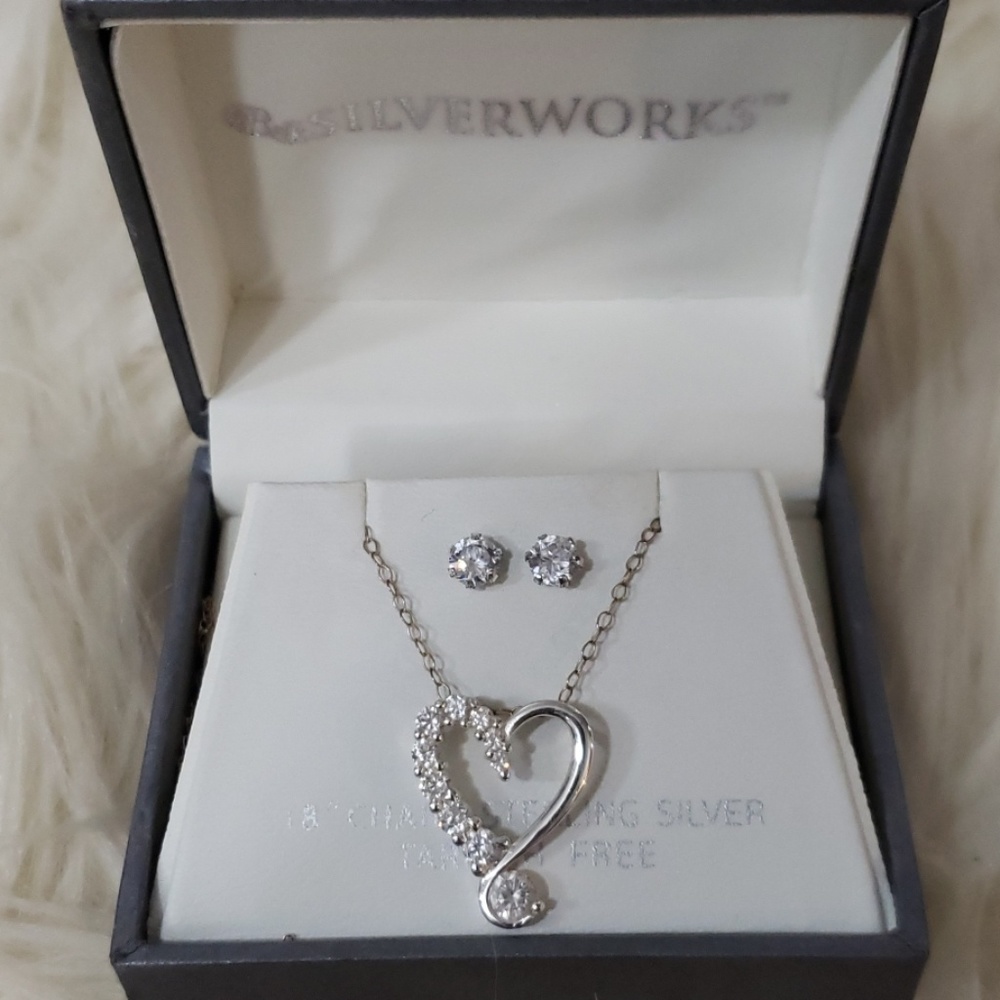 Silver Cubic Zirconia Heart & Earrings Set